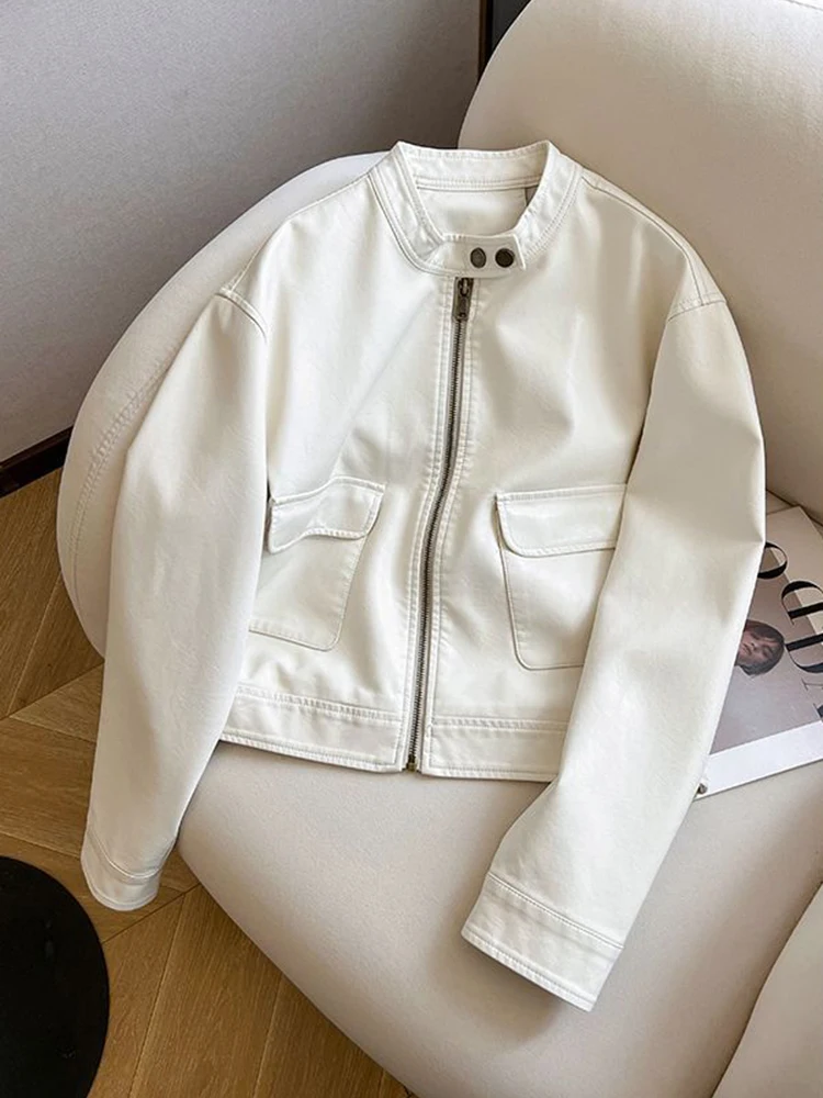 Vintage Biker Women Pu Jackets Streetwear Casual Long Sleeve Y2k Coat American Retro Pockets O Neck Fall Winter Outwear Tops New