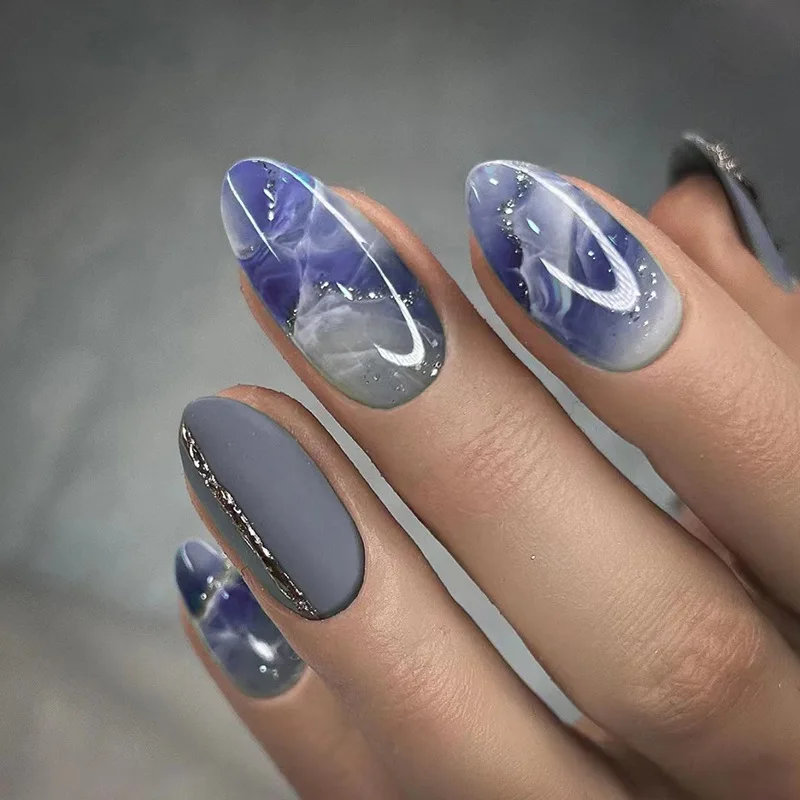 Y2k meninas amêndoa unhas falsas gradiente azul imprensa no prego estrela impressa capa completa wearable unhas falsas dicas para mulher diy manicure