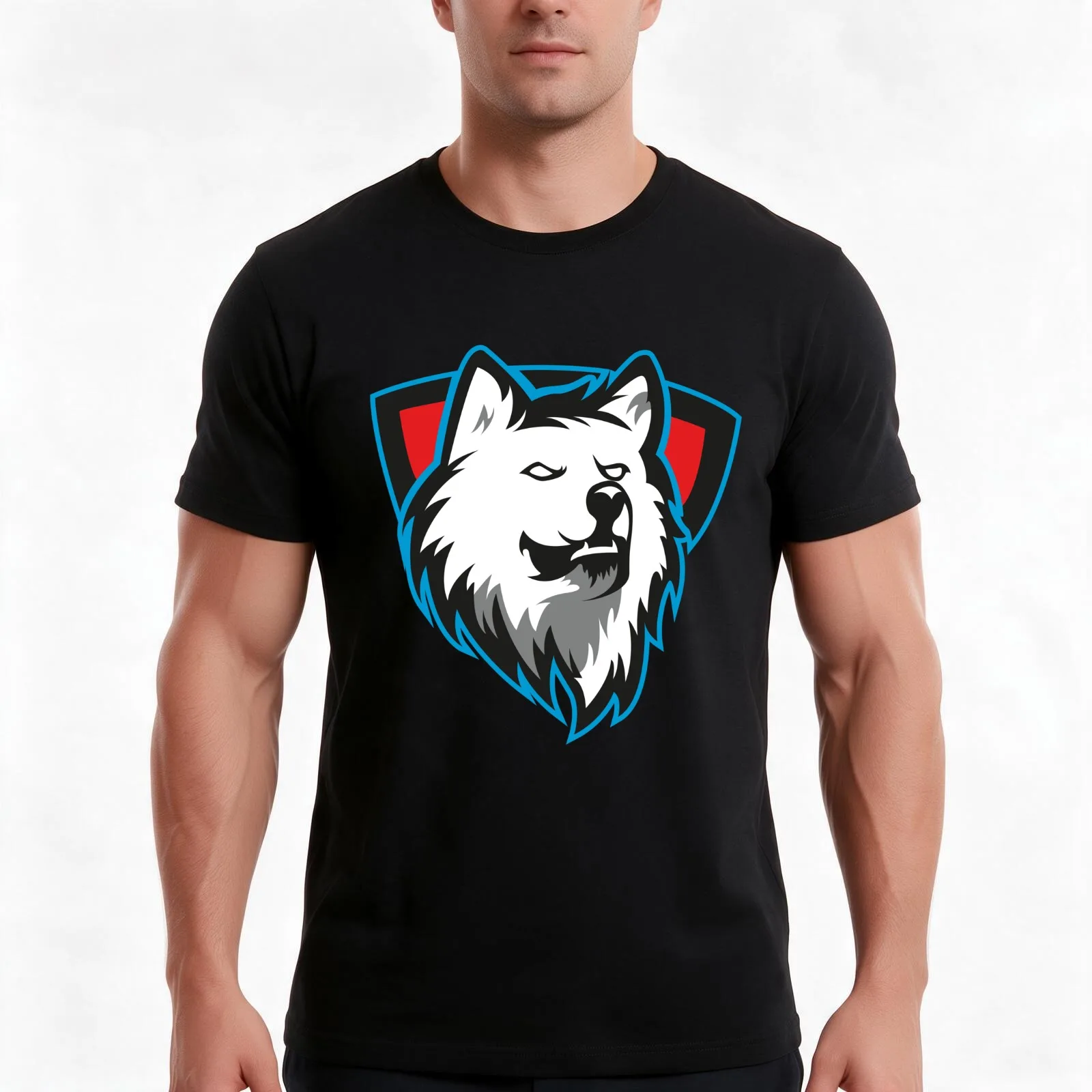 White Wolf Shield T-Shirt, Summer Casual Cotton Tee, Oversized Streetwear Tops, Vintage Graphic Print, Loose Fit Short Sleeve