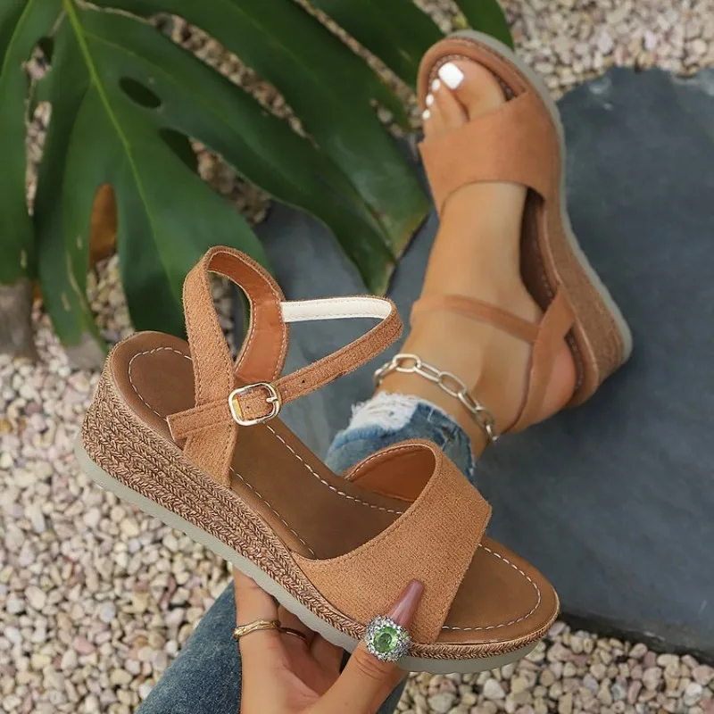 Damen Keilsandalen Sommer Plateau-Schuhe Modische Knöchelriemen-Espadrilles Braun Offene Zehen Lässige Strand-Urlaubs-Damenschuhe mit Absatz 2026
