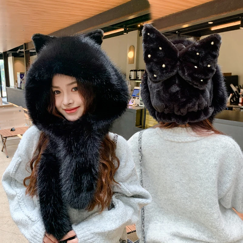 Women Fuffy Fur Hairband Hat Lovely Bowknot Bucket Hat Faux Fur Russian Bomber Hat Thick Winter Warm Beanies Headscarf Cap