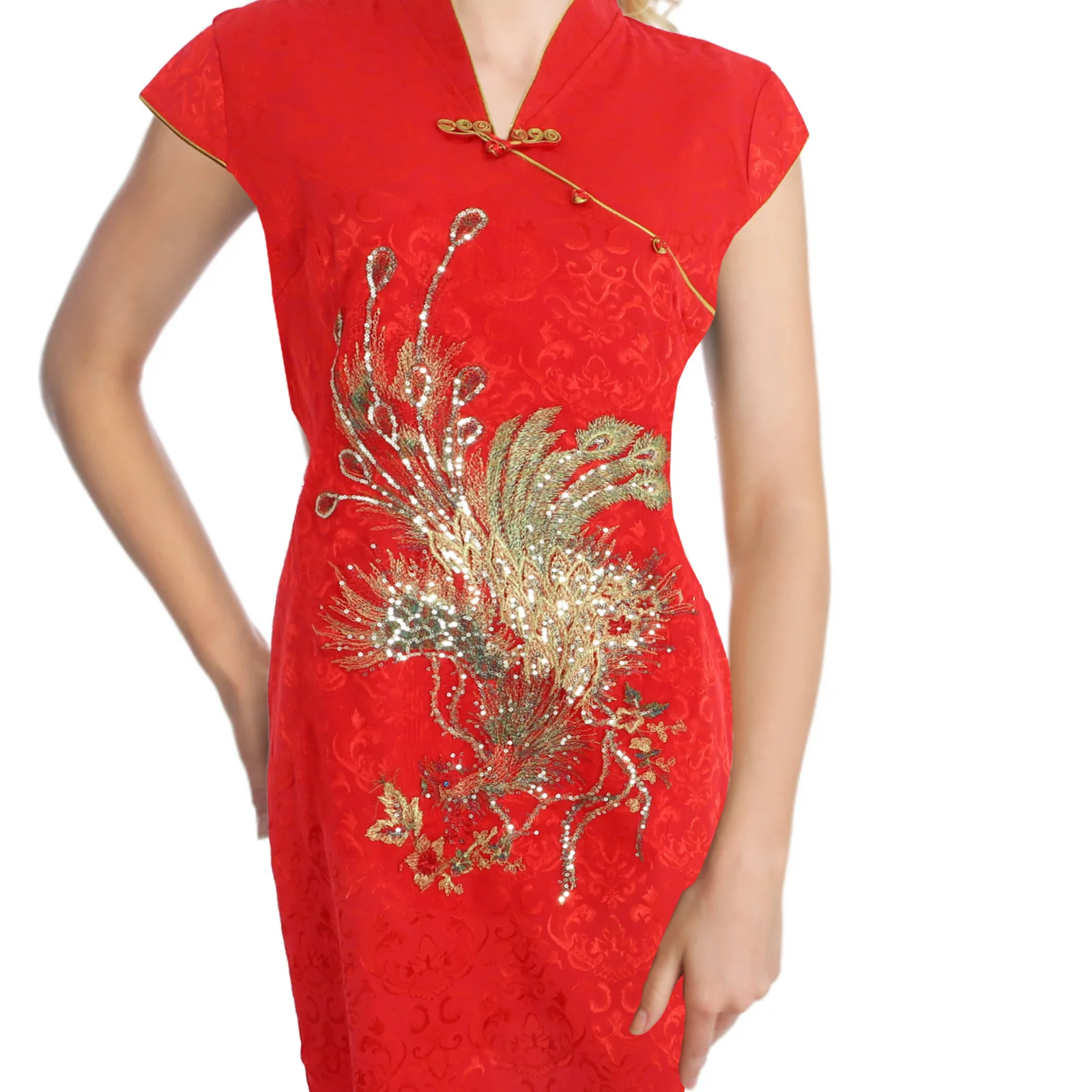 

Sequin Qipao Dress Women Chinese Wedding Gown Cheongsam Bridal Formal Banquet Wear High Waist Brocade Non Stretch