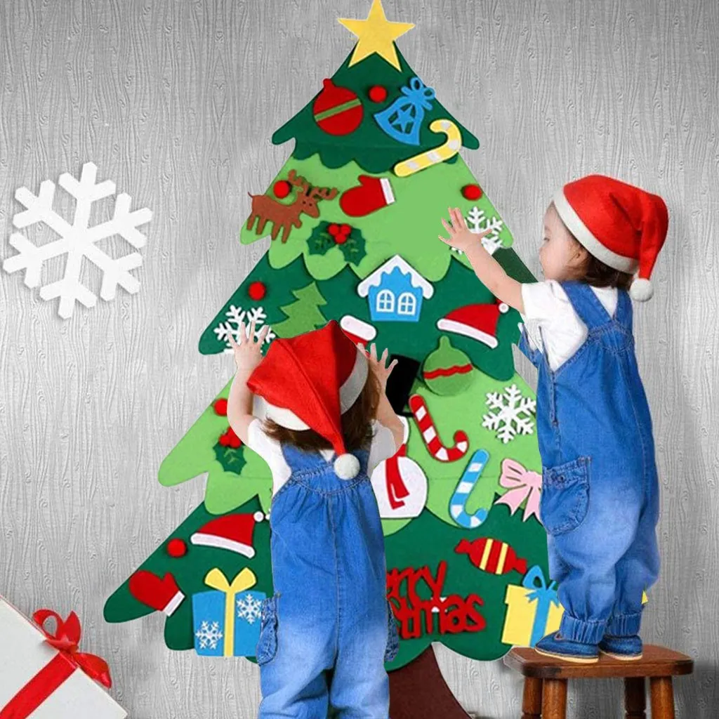 2024 DIY Felt Christmas Tree Wall Hanging with LED String Lights for Kids Xmas Gifts Merry Christmas Decor Home Party Supplies