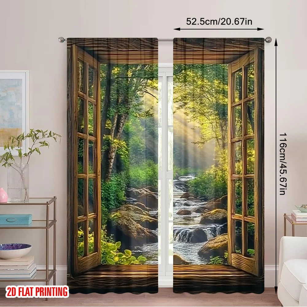 2pcs 2D flat printing Curtains forest scenic 100% Polyester Without Electricity Festive Holiday Perfect for All Season