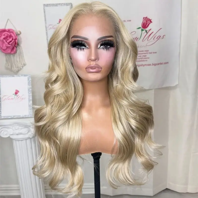 

Natural Long Loose Wave Wig 13x4 Ombre Light Golden Blonde Highlight Wig Synthetic HD Lace Front Wig Preplucked Hairline Daily