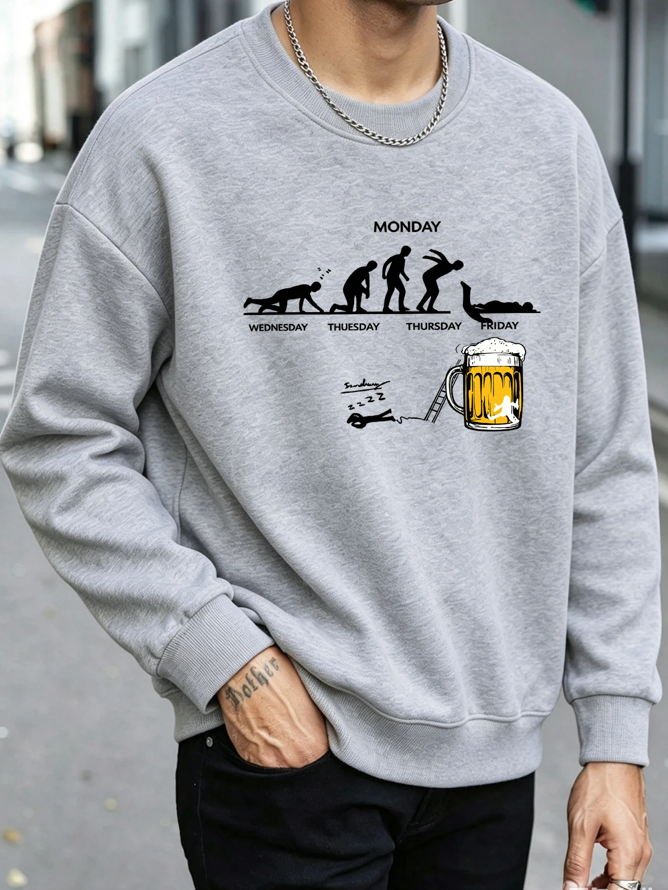 Week Progress Beer Humor Figure Pattern Mes Sweatshirt Fashion Warm Pullovers Casual Loose Clothes Street Basic Retro Sportswear