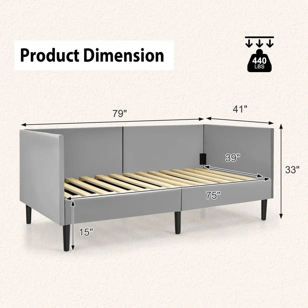 Twin Size Daybed Frame, Upholstered Sofa Bed with Sturdy Wooden Slat Support, Guest Bed Frame for Living Room and Bedroom, Grey