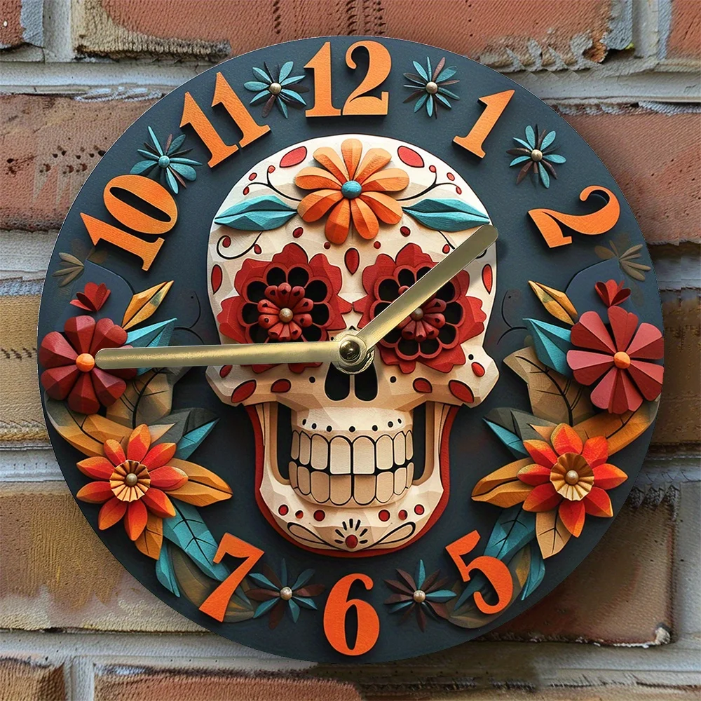 

Día De Muertos Inspired Wall Clock - DIY Kit with High-Definition 2D Printing - Artistic Skull Design Timepiece for Home Decor