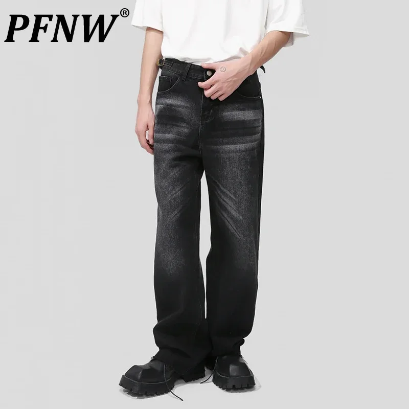 PFNW Old-washed Ragged Vintage Jeans For Men Loose Fit Straight Leg Denim Pants Spring New Male Baggy Worn Out Trousers 9A8628