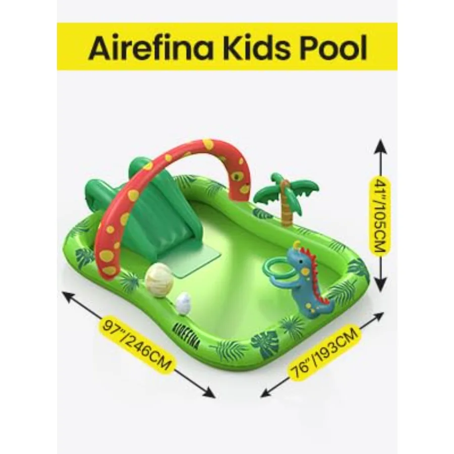 Inflatable Pool for Backyard Garden Water Park Dino Planet Theme Ultra Thick PVC Blue/Green Includes Water Slide Ball Hoop 97x7