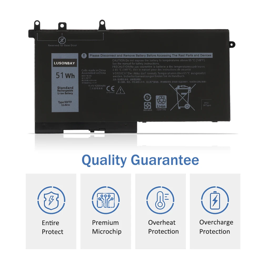 LUSONBAY 93FTF 51Wh Laptop Battery For DELL Latitude 5280 5480 5580 E5280 E5480 E5580 E5290 E5490 E5590 Series 83XPC 4YFVG
