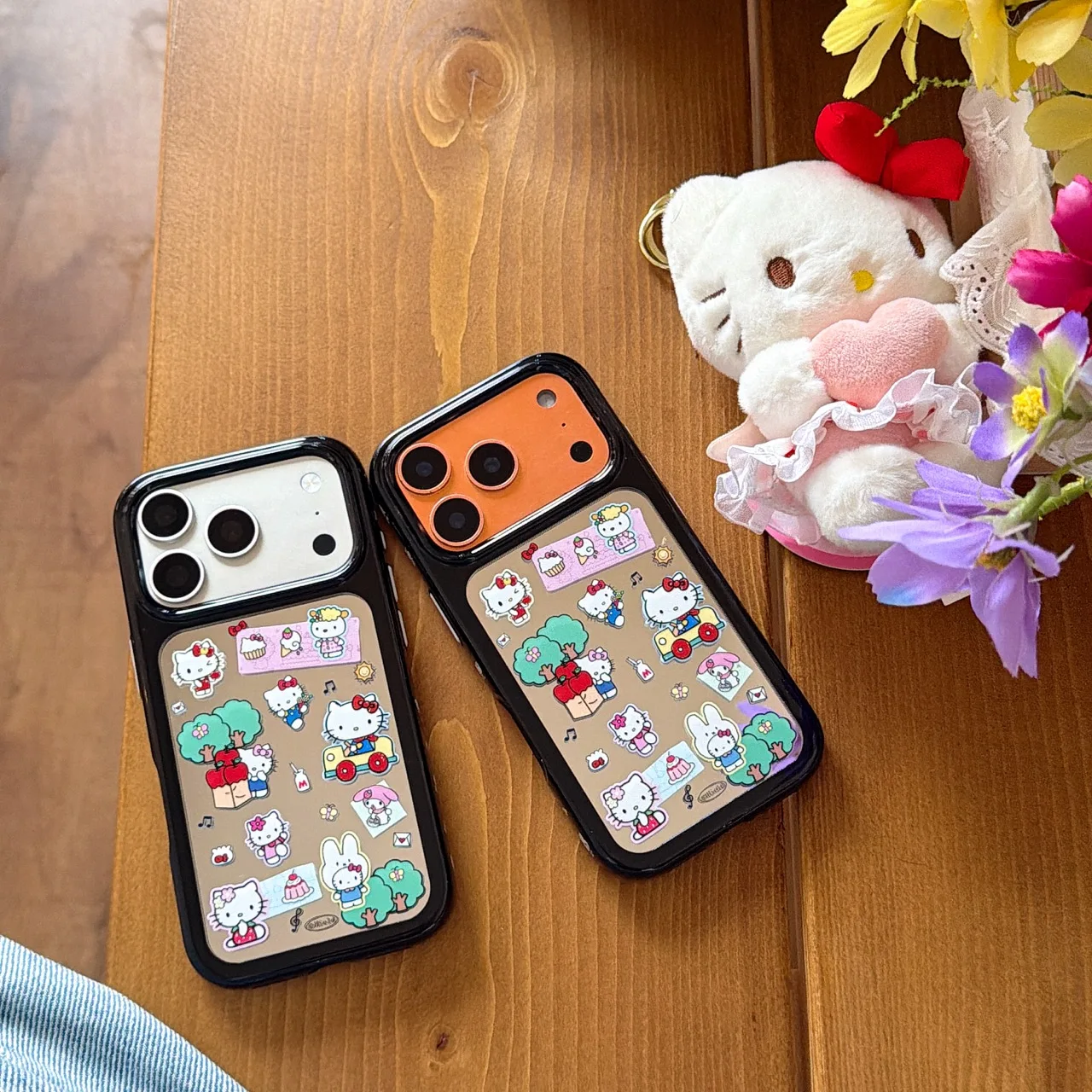 

Creative Fun Illustration For Hello Kitty Mirror Shockproof Case For iPhone 17 16 15 14 13 Pro Max Cute Sticker Design Cover