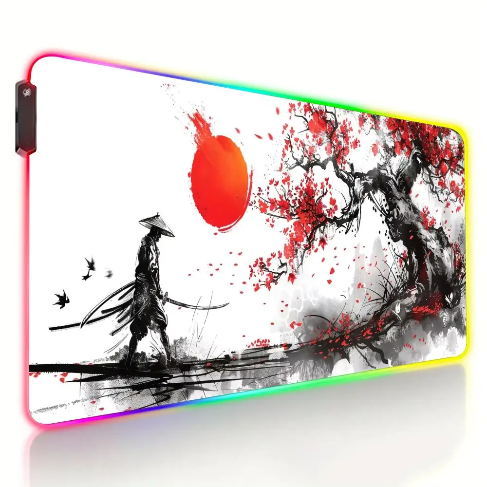 

Art ink-style samurai cherry blossom design RGB Mouse Pad Desk Mat pc accessories 30X80CM Gaming mats LED glow Gaming mouse pad
