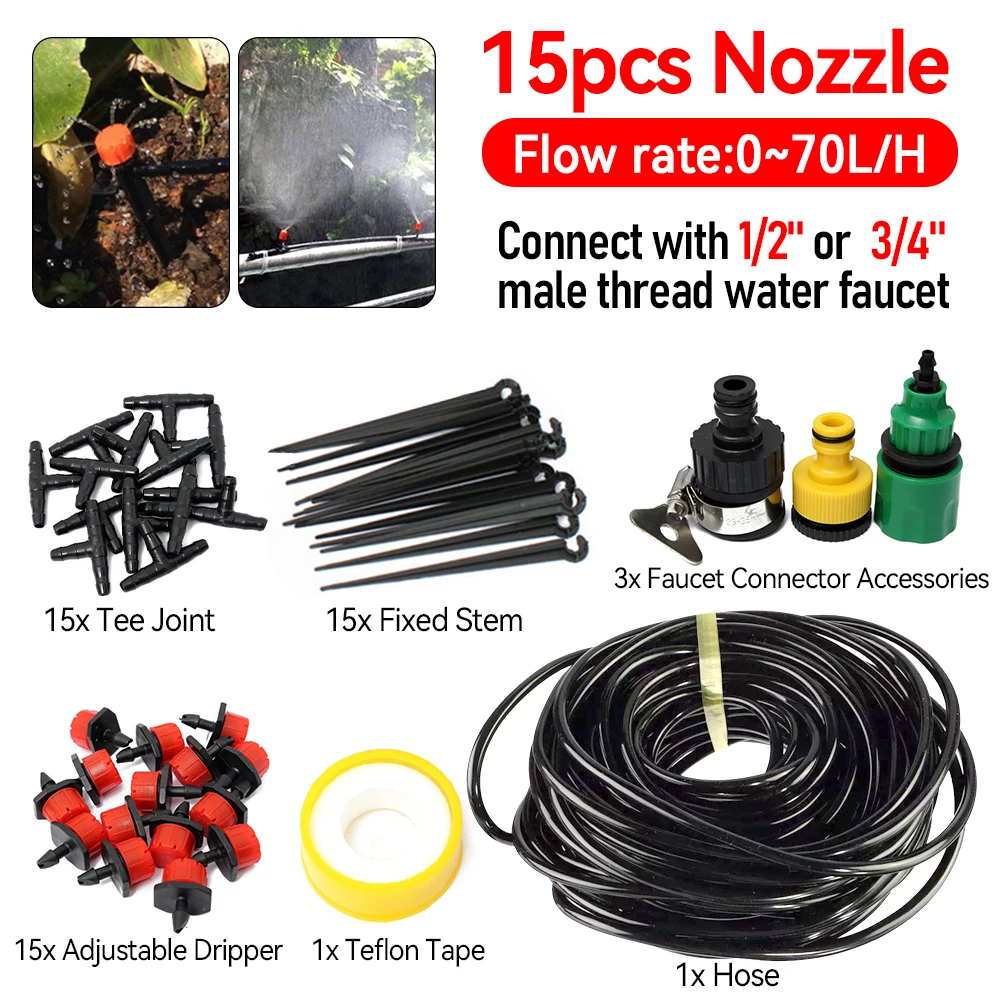 

Drip Irrigation Kit 10m Hose Fixed Support Holder Garden Water Adjustable Dripper for 1/2''or3/4'' Male Thread Water Faucet