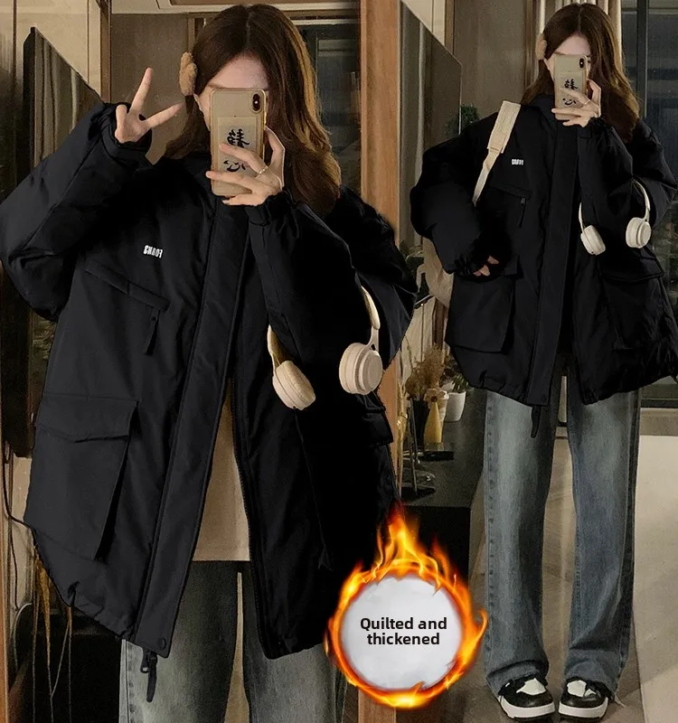 

American Sle Thiened Bla Samurai Cotton Jaet Women's Winter Outdoor Workwear Coat Warmth Windproof Casual Long Sve