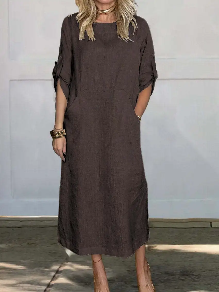 Women's Cotton Linen Long Dress With Double Side Pockets Monochrome Retro  Round Neck Dress Spring Summer New Casual Lady Robe - AliExpress 200000345