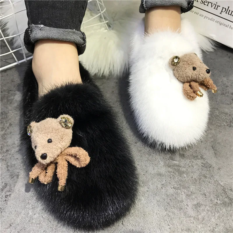 

Bear Doll Decor Women Flats Casual Moccasins Winter Warm Mink Fur Outside Loafers Driving Shoes Espadrilles Ladies Flat Footwear