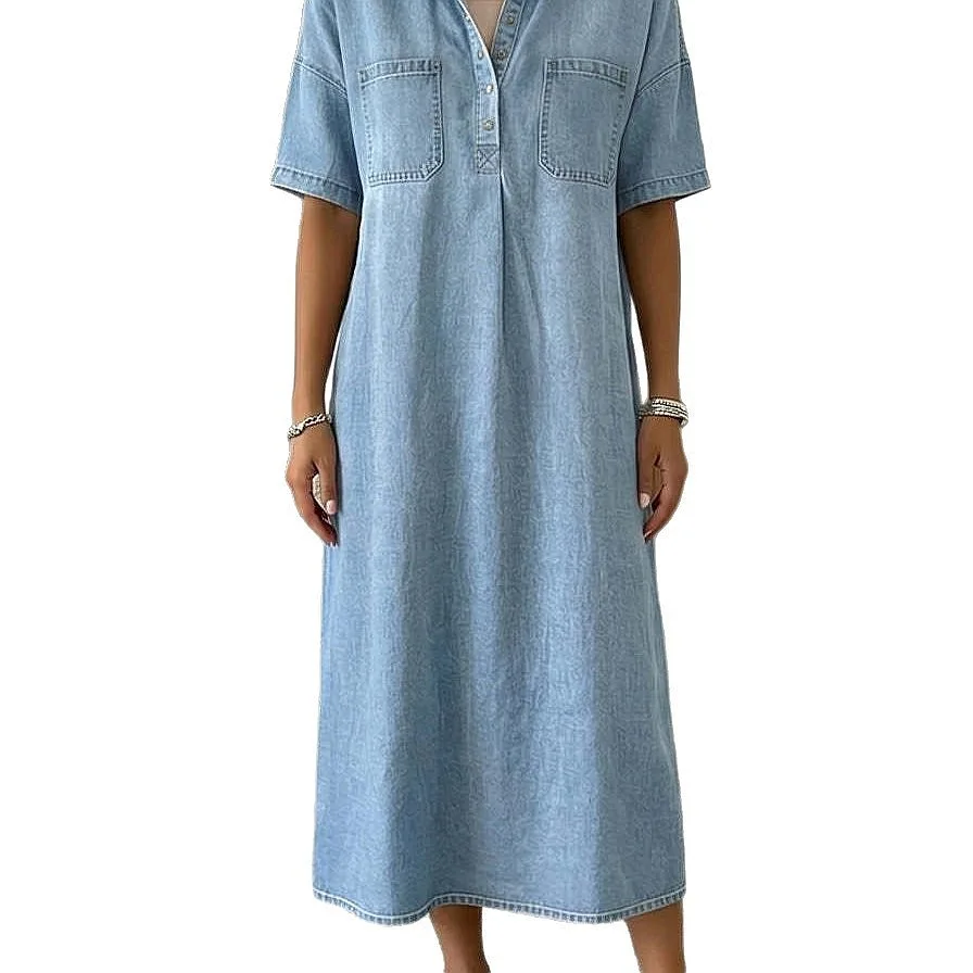 Oversized Washed Denim Shirt Dress Pockets Short Sleeve Midi Dress for Women Casual Loose Fit Summer Dresses