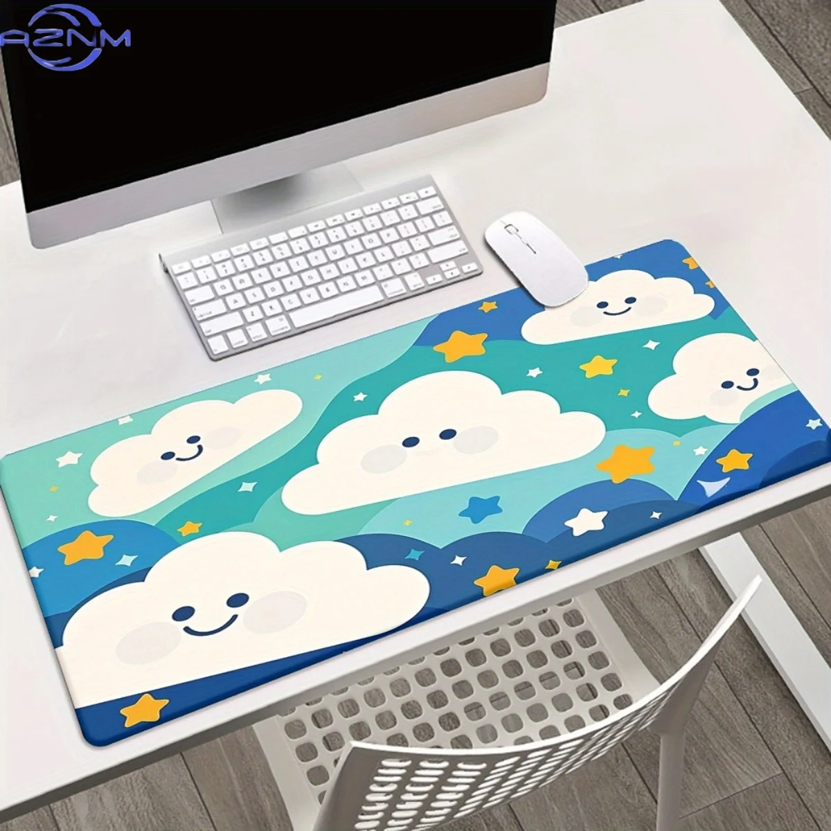 XXL Non-Slip Rubber Base Gaming & Office Mouse Pad - Blue Sky Clouds with Smiling Faces & Stars Design, Large Desk Mat for Compu