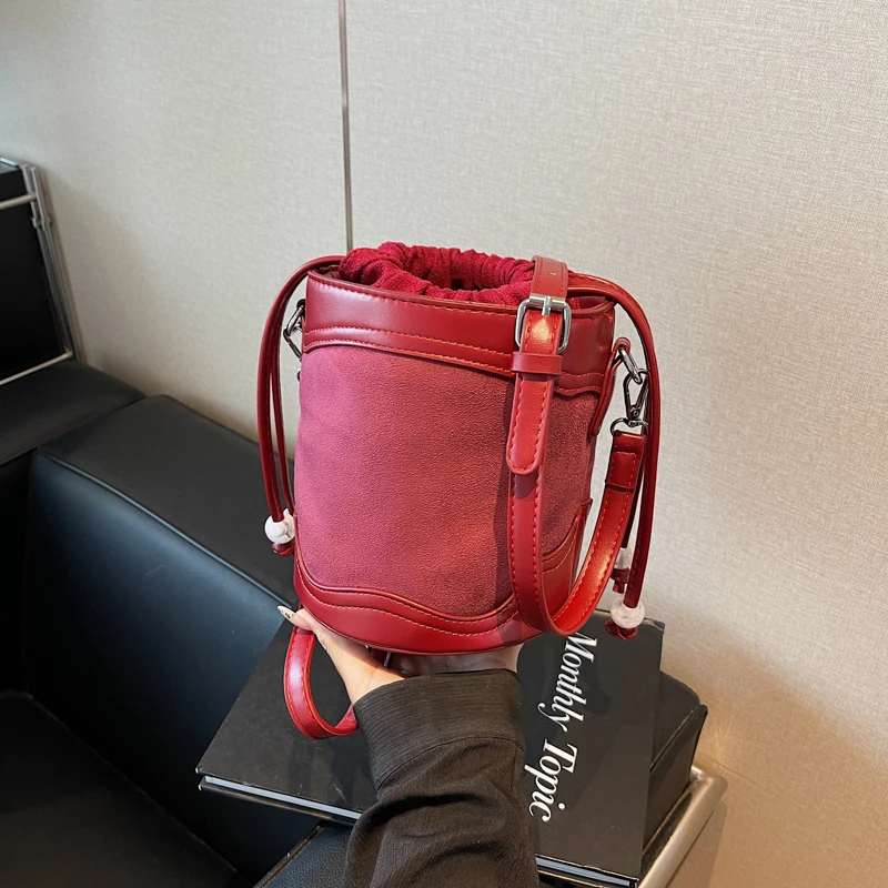 

Vintage Frosted Small Bucket Bags For Women Korean Style Fashion Drawstring Crossbody Bag Popular Phone Purse Female