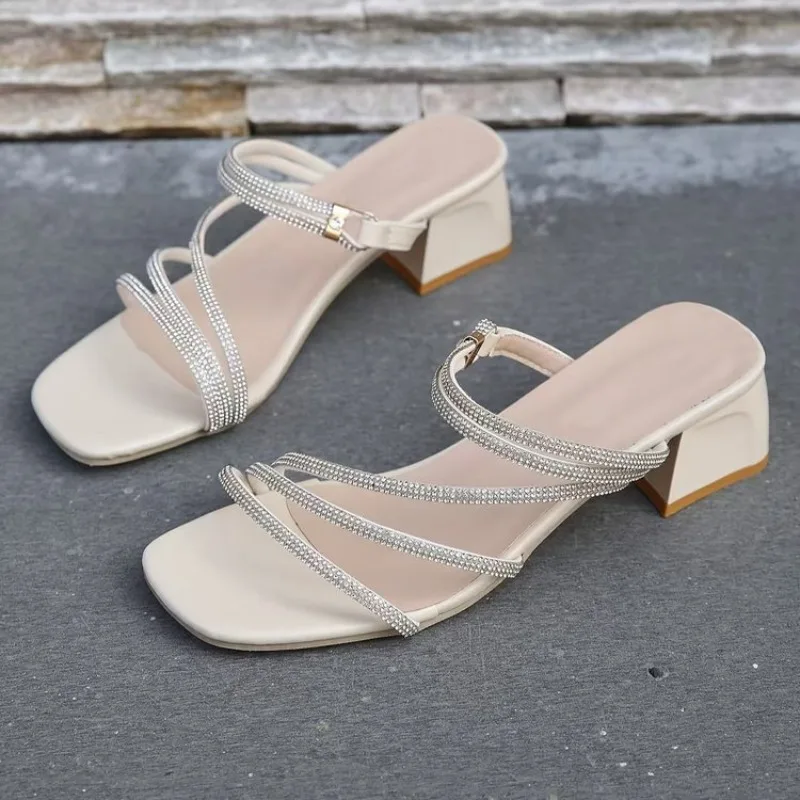 

Crystal Women Slippers Square Toe High Heels Sandals Luxury Fahsion Chunky Shoes Elegant 2025 Summer New Woman Pumps Sandalias
