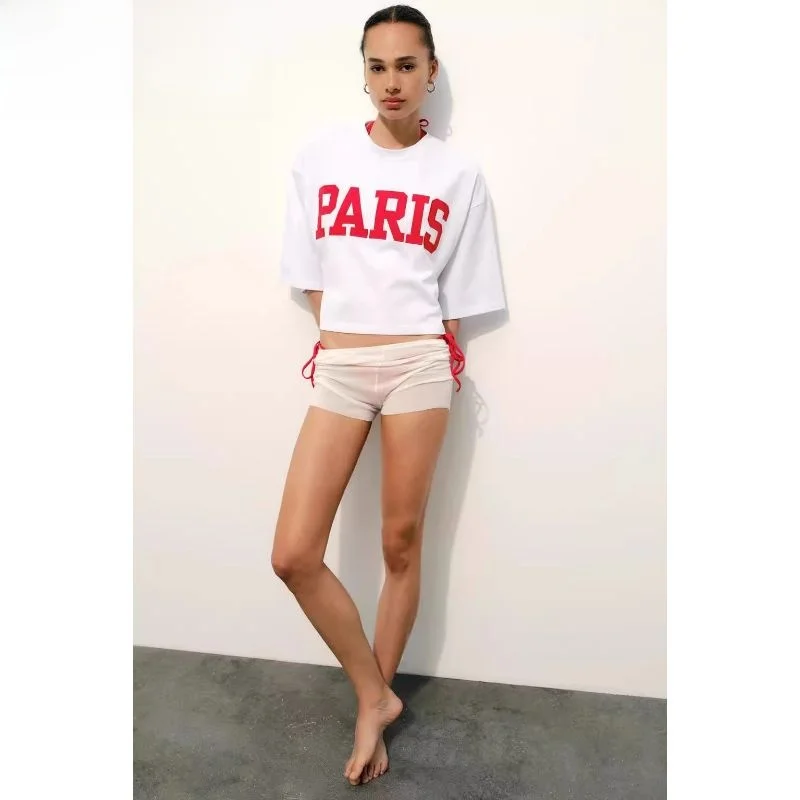 

Summer 2024 New Sle ort T-irt round Ne ort Sve Slim Fit Straight Cut Printed Casual Wear for Women