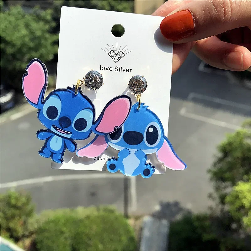 Disney Stitch Acrylic Pendant Earrings Kawaii Cartoon Anime 925 Silver Girl Jewelry Halloween Dress Up Accessories Friends Gifts