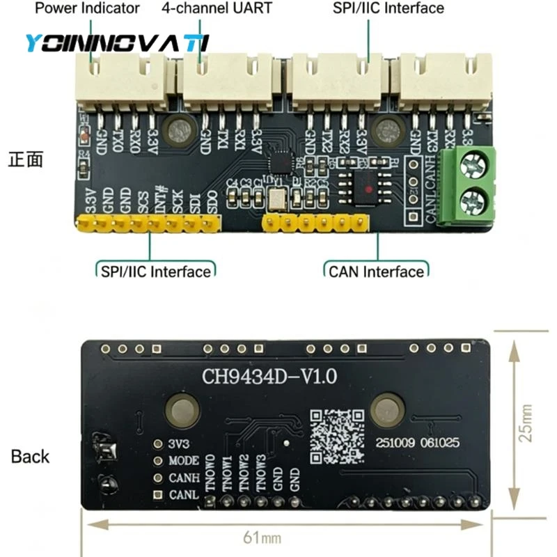 1PCS CH9434D Expansion Module SPI I2C to 4 Channels TTL UART Serial Port CAN Bus Industrial Multi-Serial Converter Board