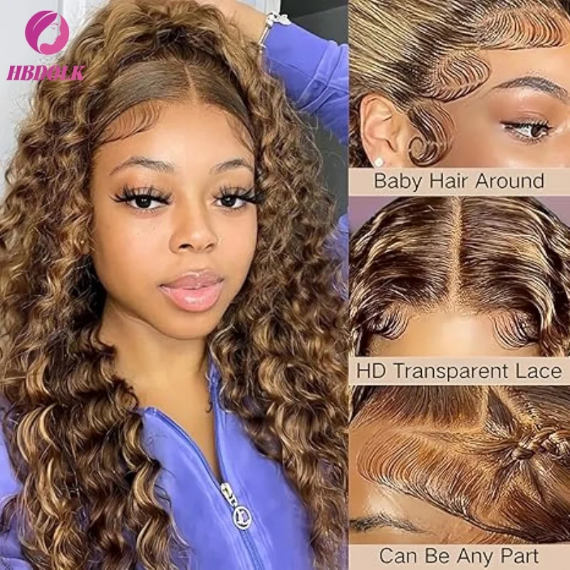30 40 بوصة 4/27 موجة عميقة شعر مستعار أمامي تسليط الضوء على أومبير 5x5 Hd الدانتيل شعر مستعار أمامي شعر الإنسان العسل شقراء مجعد الملونة للنساء