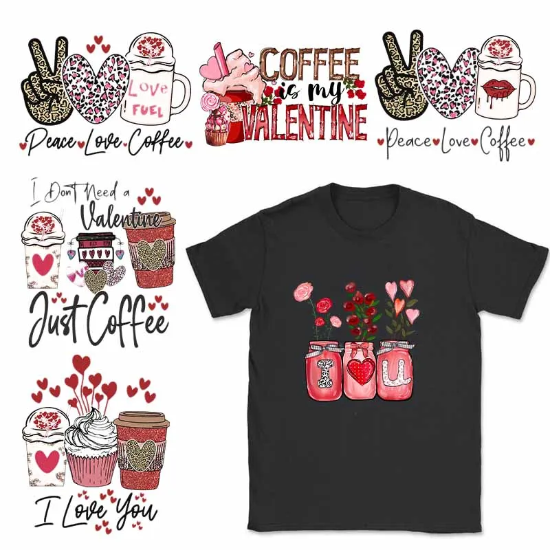 Valentine's Day Drink Coffee Iron On Patch Clothing Love Fashion Gril Women Heat DTF Transfer Sticker T Shirts Thermals Leopard