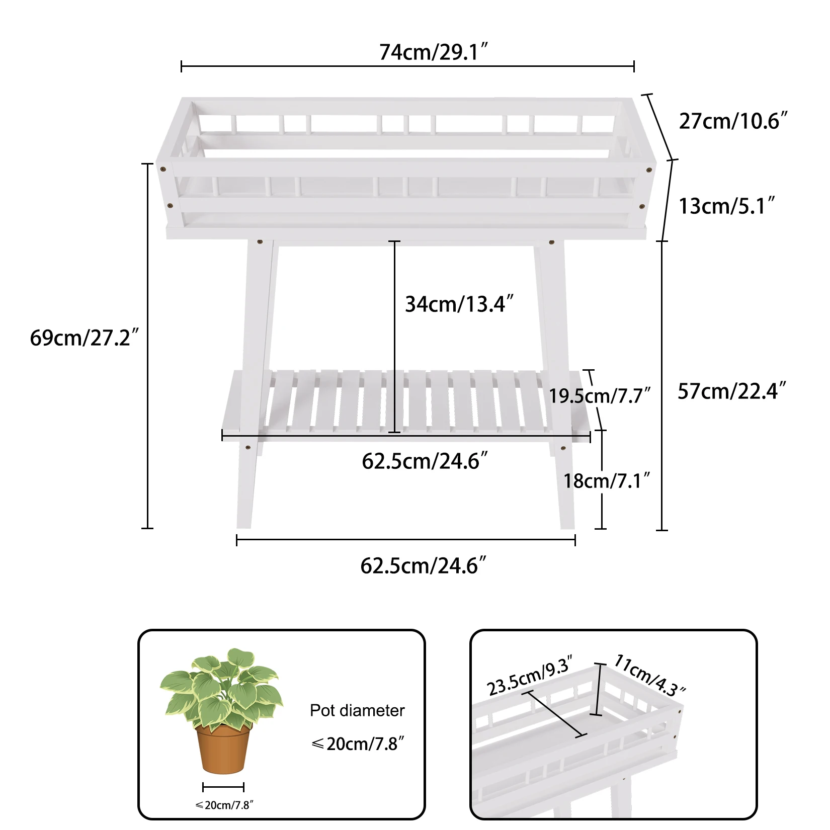 Prateleira de planta interior branca, 2 Tier Tall Stand Table para várias plantas, Mesa de janela para plantas