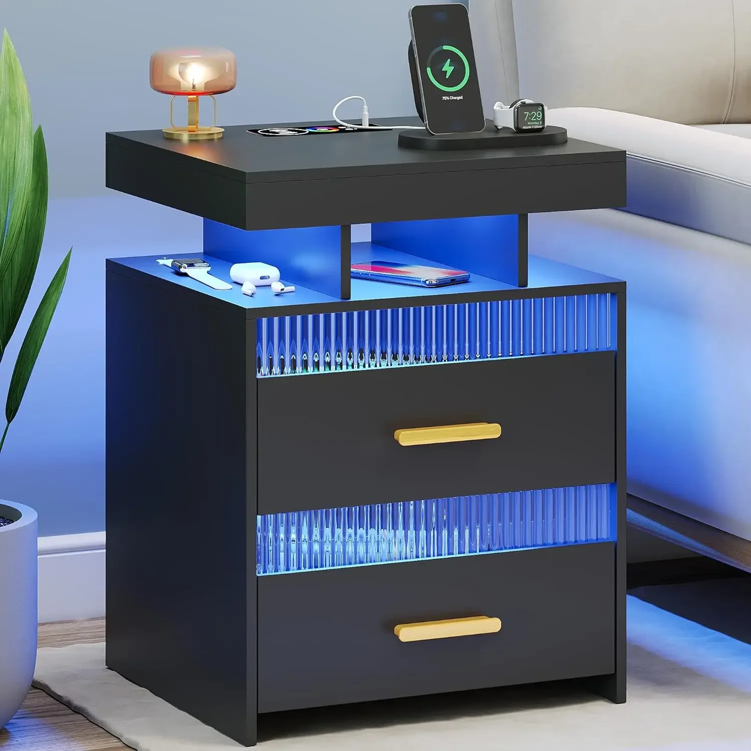 Black Nightstand with Charging Station: LED Bedside Table with 2 Drawer & Open Storage Shelf Smart End Table with Human Sensor