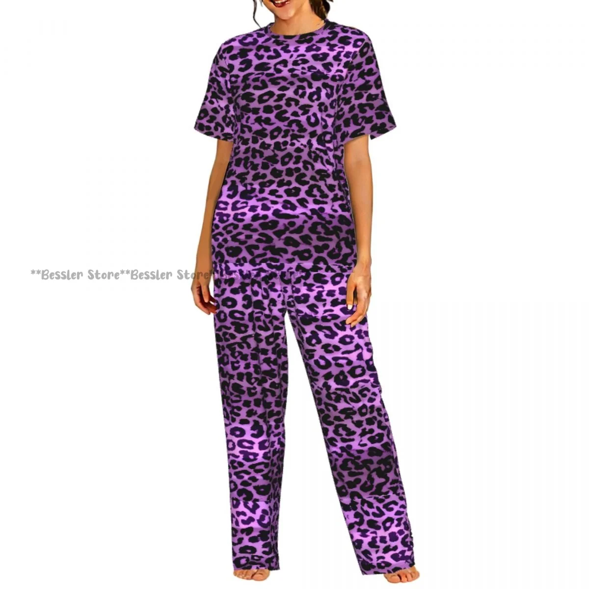 

Women's 2-piece set Purple Leopard Texture Pajamas Short sleeved Top and Pants Sleepwear