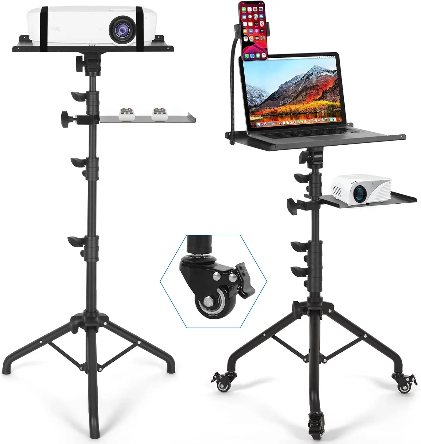 

Portable Projector Stand with Wheels, Adjustable Height 25.9-51.8 Inch, Includes Phone Holder and 2 Shelves