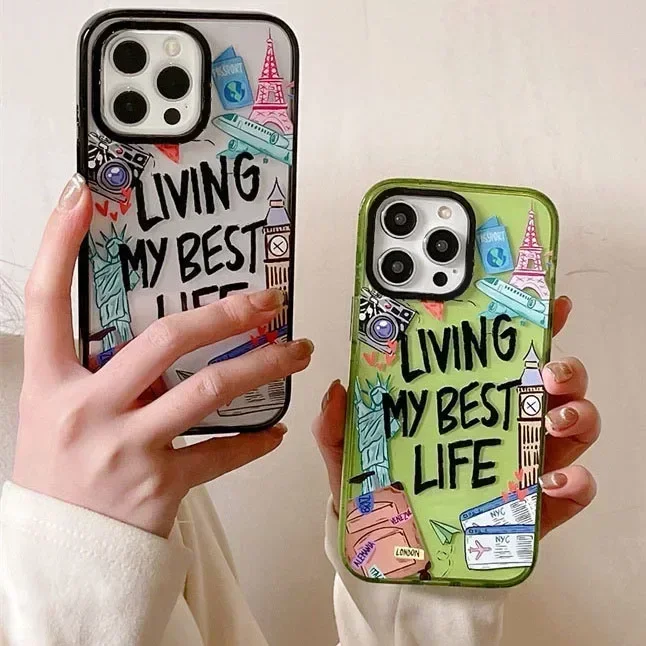 2.0 Version Acrylic Upgrade Border Living My Best Life Phone Case Cover for IPhone 11 12 13 14 15 16 Pro Max Case