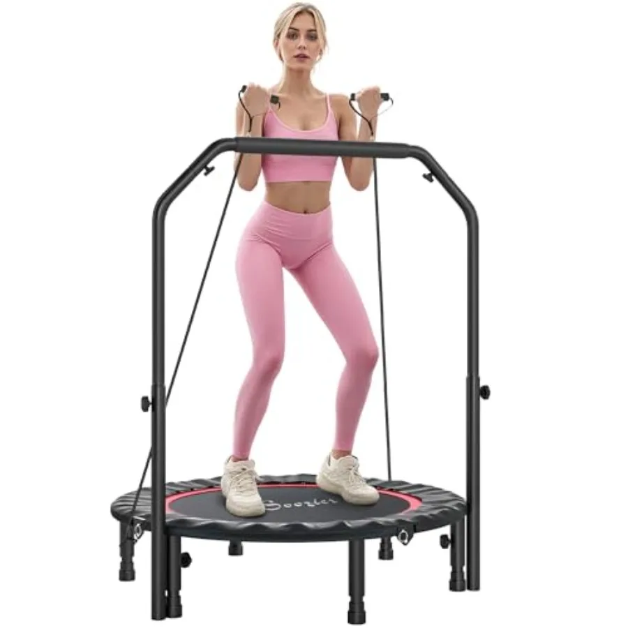 

40 Foldable Mini Trampoline for Adults with Adjustable Foam Handle and Resistance Bands Indoor Outdoor Fitness Rebounder in Bla