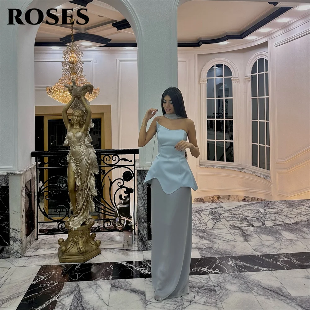 

ROSES Light Blue Evening Dress Asymmetric Neck Formal Gown Sleeveless Night Dresses with Scarf Prom Dresses for Women Customized