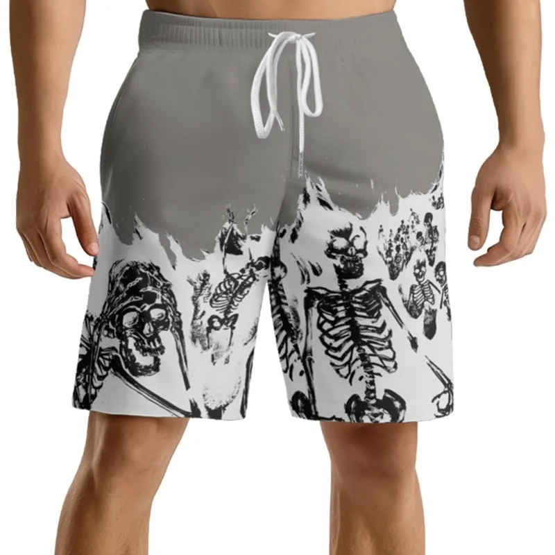 Burning Skeletons Print Men's Drawstring Waist Shorts Quick Dry Breathable Polyester Sport Shorts Streetwear Clothing Bottoms