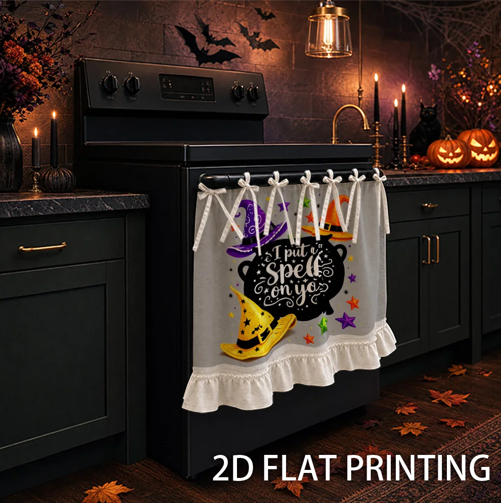 1PC kitchen stove curtain, cabinet curtain, apron. Featuring a 2D graphic design with a Halloween themed witch hat. It can be us