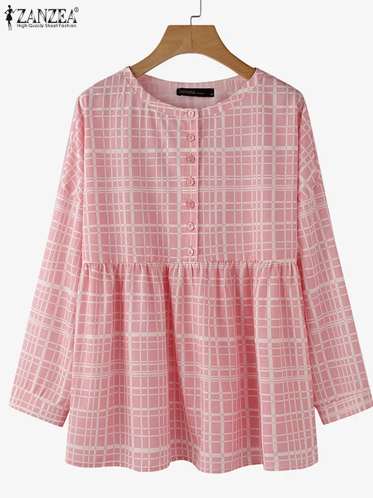 

ZANZEA 2025 осенние топы с цветными блоками, женские блузки с круглым вырезом, повседневные свободные блузки с рукавами 3/4, праздничные клетчатые лоскутные милые туники