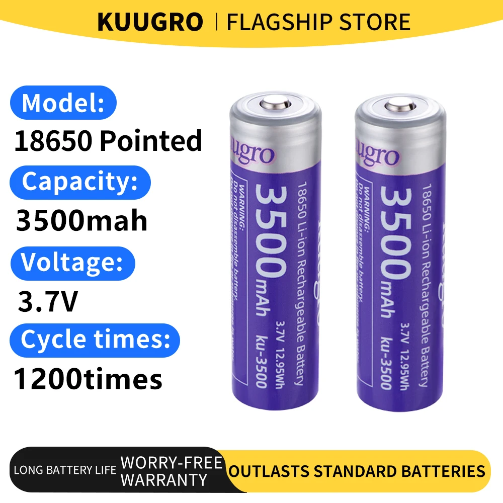 

Kuugro Pointed 18650 3500mAh Lithium Battery 3.7V 12A High-rate discharge For Strong light flashlights Headlights