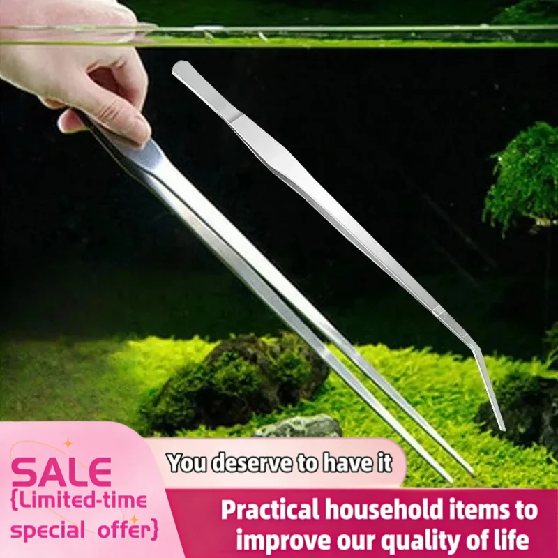 1Pc Stainless Steel Pliers Aquarium Tank Curve Plant Long Tongs Tweezers Straight Elbow Clips Bird Feeding Tongs Cleaning Tools