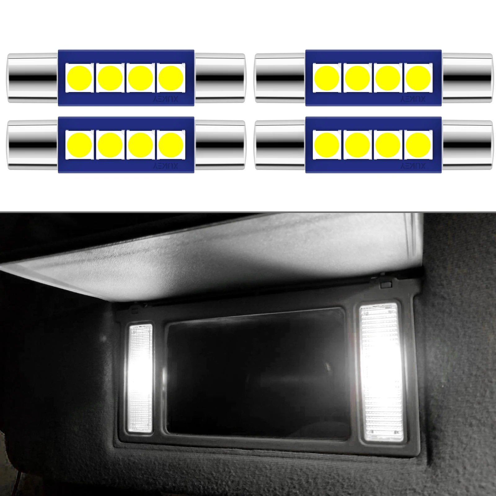 4x 28mm 29mm Festoon LED Car Bulb 4-SMD 3030 Chips 6612F 6614F 6641 6000K White For Vanity Mirror Sun Visor Lights