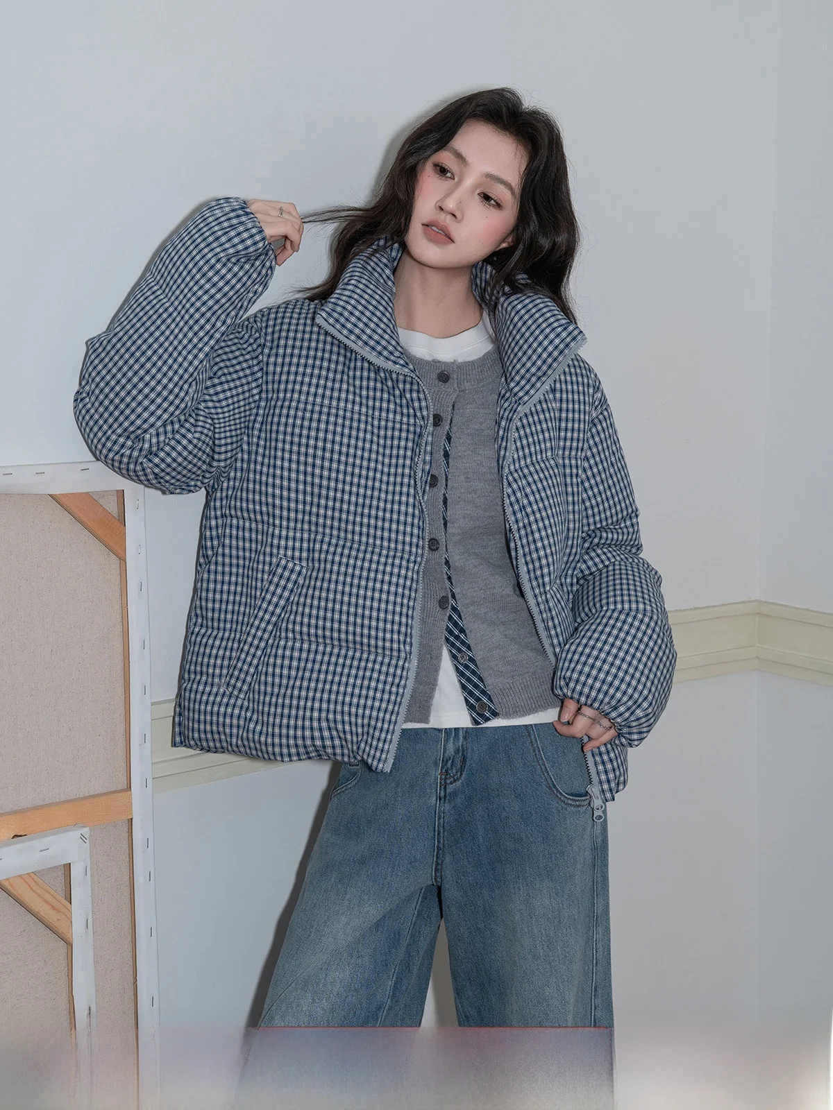 

Blue Vintage Plaid Du down Jaet Women's Loose Casual Stand Collar Warm Top Autumn Winter Outerwear Faion Ladies' Coat