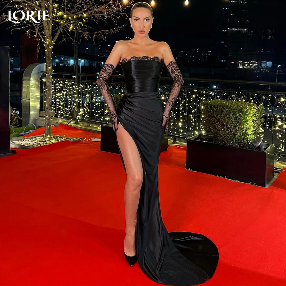 LORIE Luxury Black Mermaid Evening Dresses Off Shoulder Lace Pleated  Prom Dress Arabia High Side Slit Party Gowns No Gloves