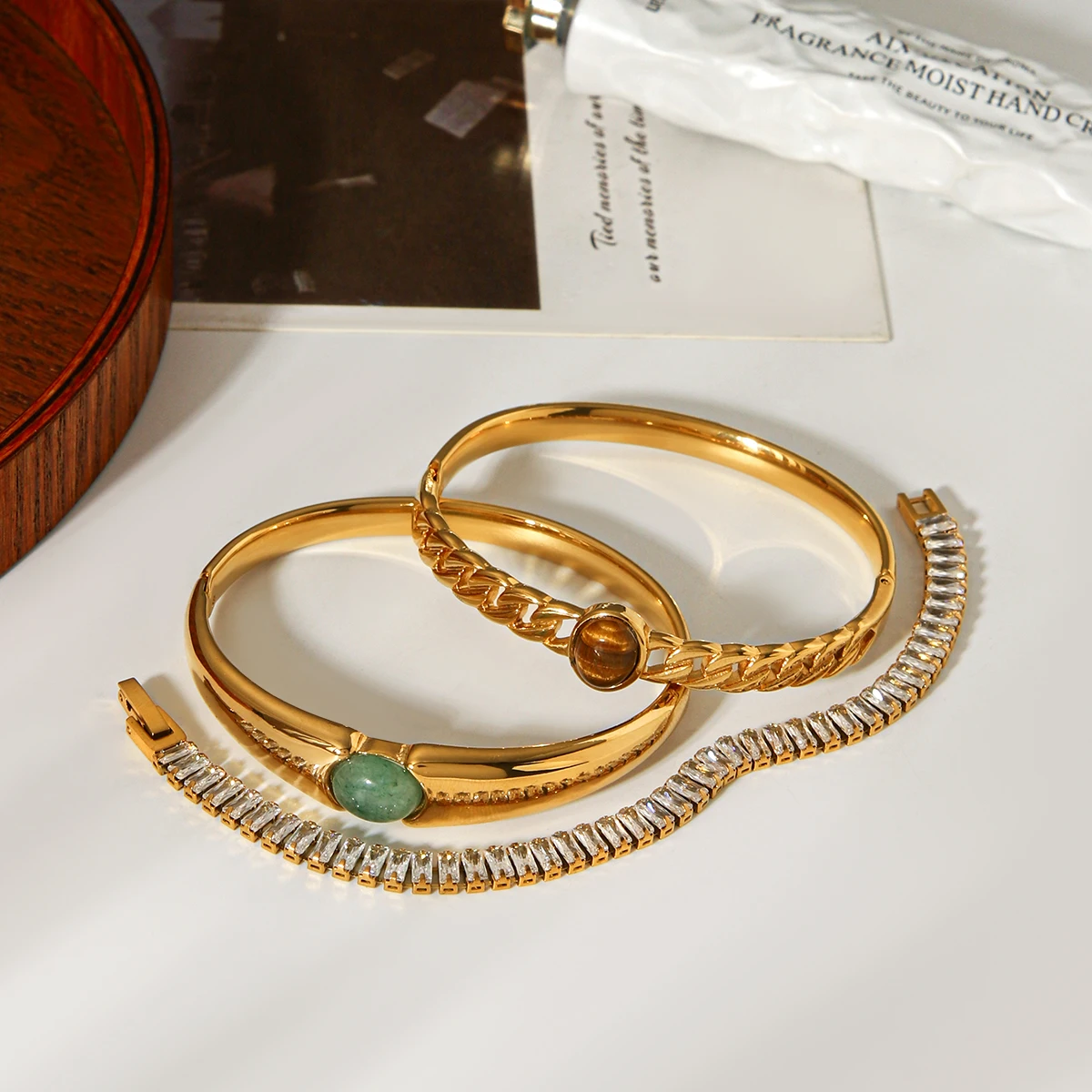 Gold Plated Bracelet Women Natural Tiger Eye Aventurine Bangles Zircon Tennis Chain Hypoallergenic Tarnish Resistant Party Gift