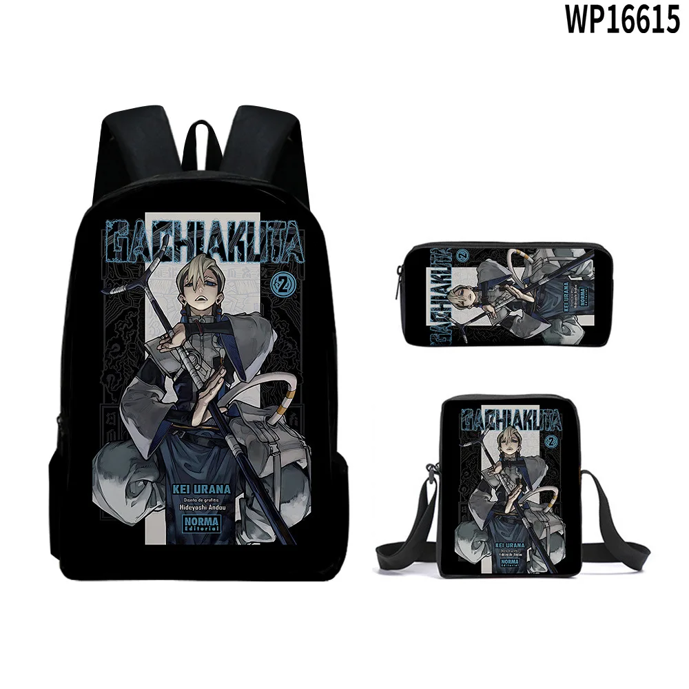 Sacs d'école classiques populaires Gachiakuta imprimés en 3D, 3 pièces/ensemble, sac à dos pour ordinateur portable, sac à bandoulière incliné, trousse à crayons