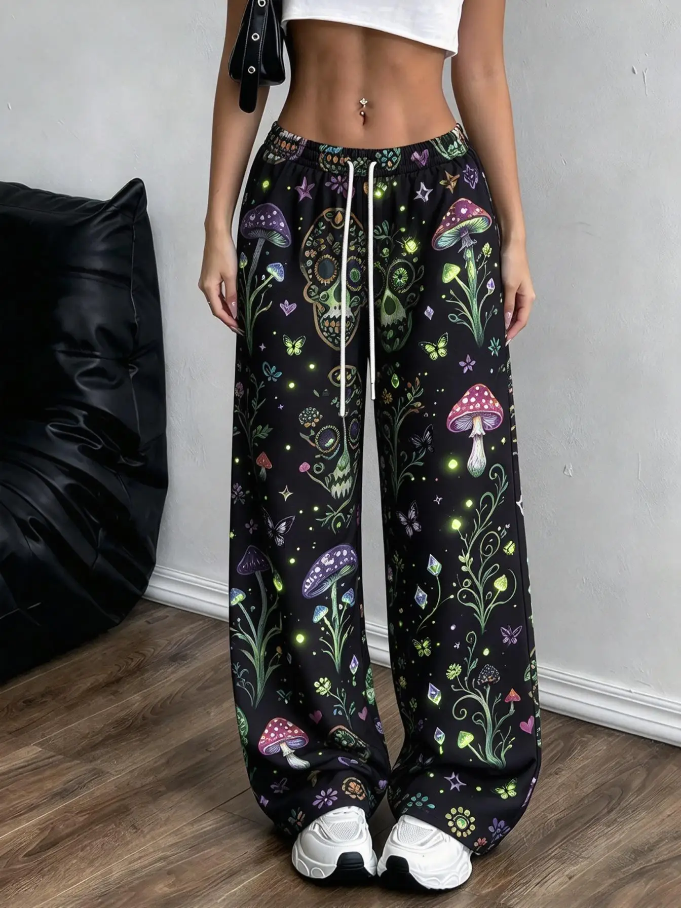 Halloween Skull & Fantasy Mushroom Pirate Treasure Map Print Women Wide Leg Sweatpants Low Waist Drawstring Pants