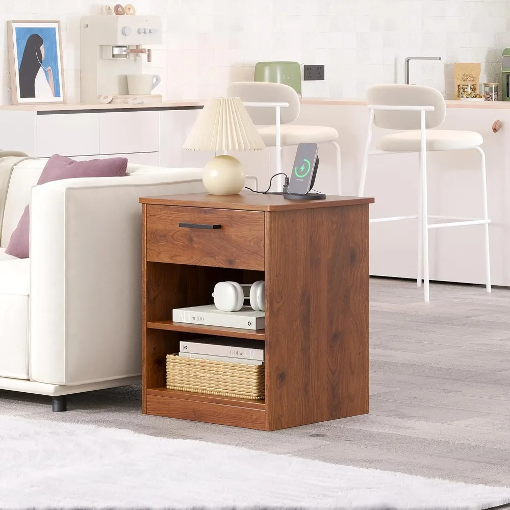 Everyday Side Table with Fast Charging Station - USB C Cable Fast Charging, Wooden Brown Nightstand Bedside Table with Drawer, E