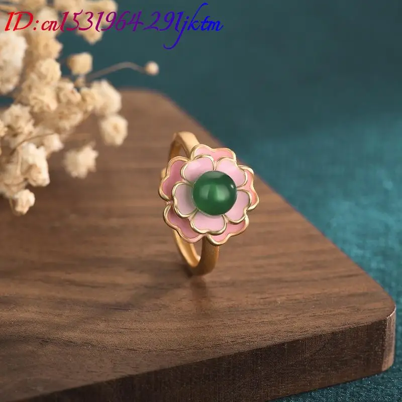 Natural Jade Flower Rings Talismans 18K Gold Plated Luxury Real Jewelry Fashion Accessories Stone Carved Gemstone Designer